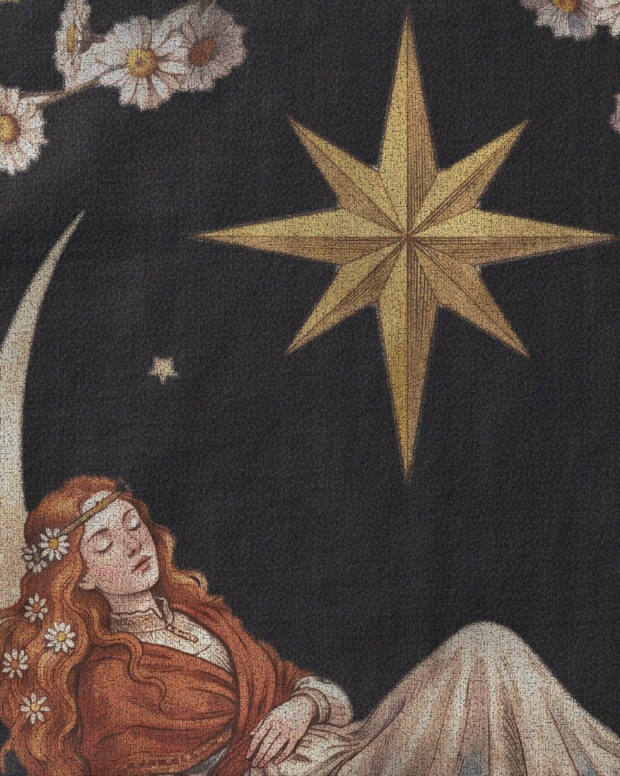 Close view of the Asleep on the Moon print on the mock shirt.