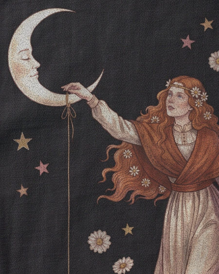 Close view of The Lamplighter print on the mock shirt.